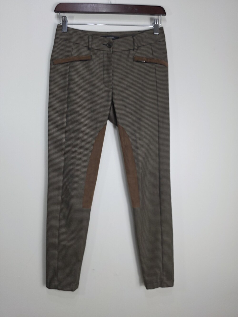 Weekend MaxMara Brown Houndstooth Riding-Style Pants with Tan Suede Panels